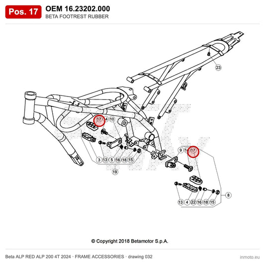 BETA FOOTREST RUBBER – OEM 16.23202.000, position 17 on the Beta ALP RED ALP 200 4T 2024 frame accessories drawing