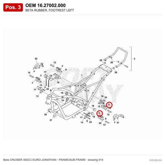 BETA RUBBER, FOOTREST LEFT – OEM 16.27002.000, position 3 on the Beta CRUISER 350CC EURO-JONATHAN frame/sub frame drawing