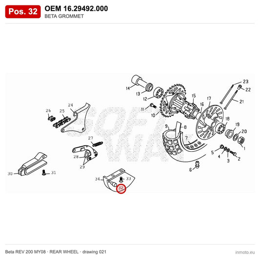 BETA GROMMET – OEM 16.29492.000, position 32 on the Beta REV 200 MY08 rear wheel drawing