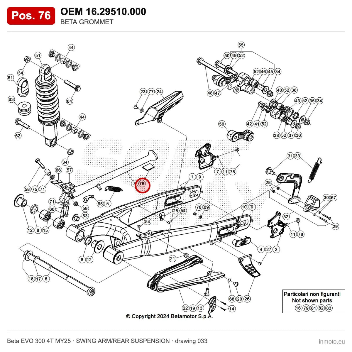 BETA GROMMET – OEM 16.29510.000, position 76 on the Beta EVO 300 4T MY25 swing arm/rear suspension drawing