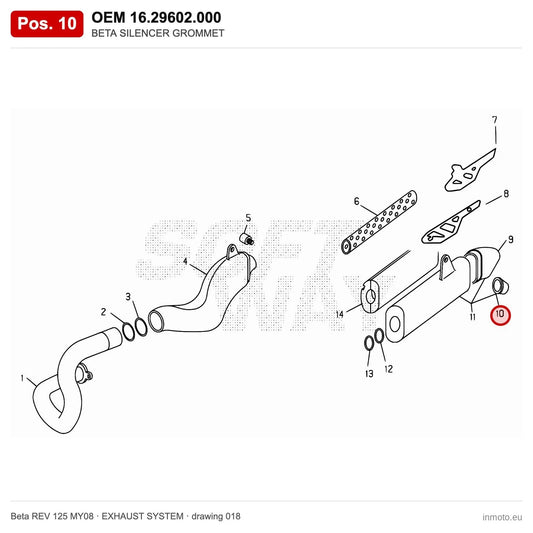 BETA SILENCER GROMMET – OEM 16.29602.000, position 10 on the Beta REV 125 MY08 exhaust system drawing