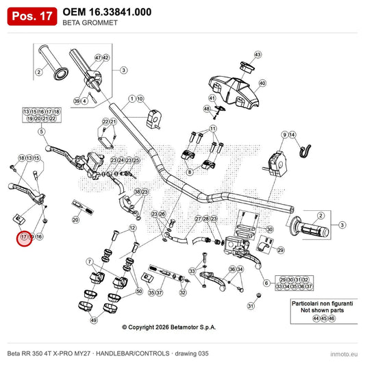 BETA GROMMET – OEM 16.33841.000, position 17 on the Beta RR 350 4T X-PRO MY27 handlebar/controls drawing