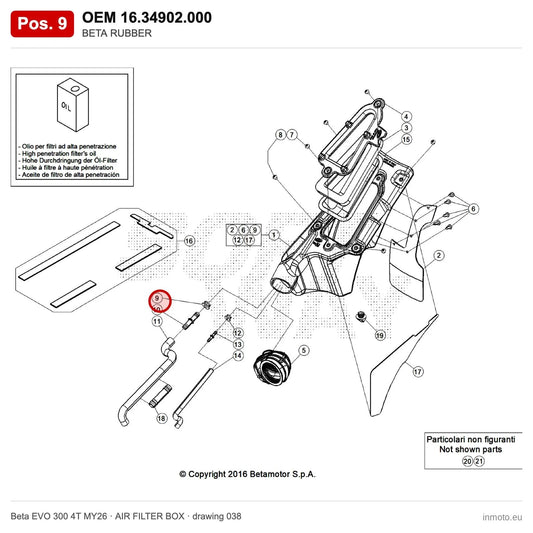 BETA RUBBER – OEM 16.34902.000, position 9 on the Beta EVO 300 4T MY26 air filter box drawing