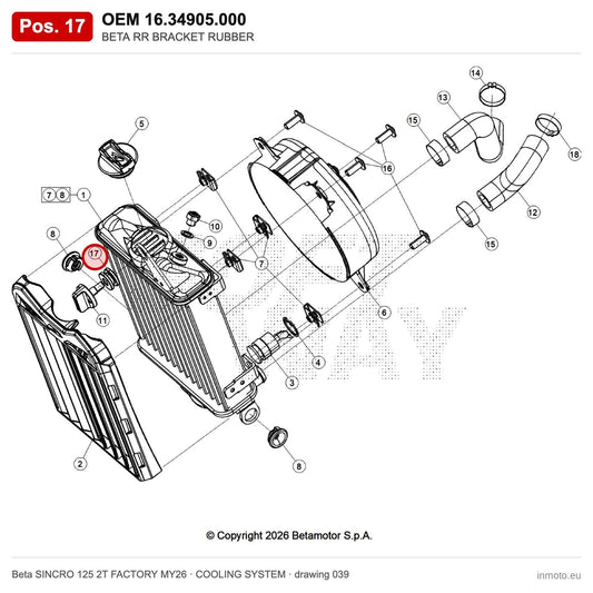 BETA RR BRACKET RUBBER – OEM 16.34905.000, position 17 on the Beta SINCRO 125 2T FACTORY MY26 cooling system drawing