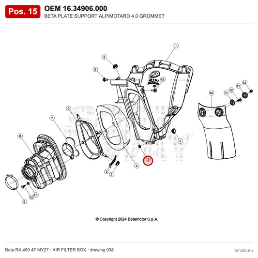 BETA PLATE SUPPORT ALP/MOTARD 4.0 GROMMET – OEM 16.34906.000, position 15 on the Beta RX 450 4T MY27 air filter box drawing