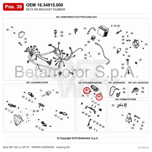 BETA RR BRACKET RUBBER – OEM 16.34915.000, position 38 on the Beta RR 125 LC MY16 wiring harness drawing