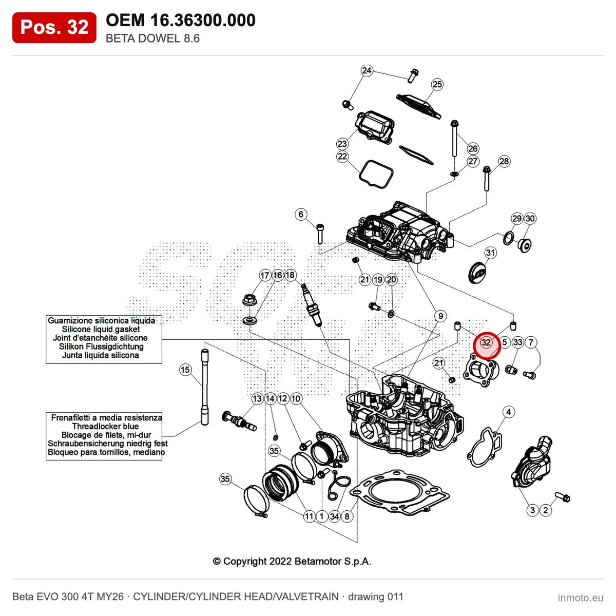 BETA DOWEL 8.6 – OEM 16.36300.000, position 32 on the Beta EVO 300 4T MY26 cylinder/cylinder head/valvetrain drawing