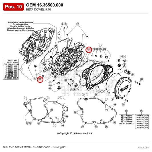 BETA DOWEL 9.10 – OEM 16.36500.000, position 10 on the Beta EVO 300 4T MY26 engine case drawing