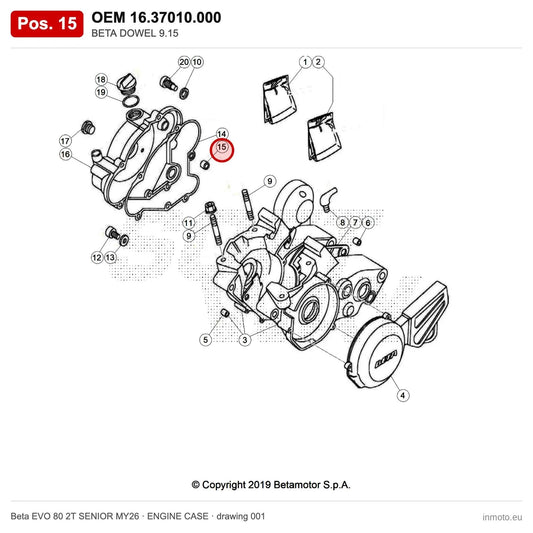 BETA DOWEL 9.15 – OEM 16.37010.000, position 15 on the Beta EVO 80 2T SENIOR MY26 engine case drawing