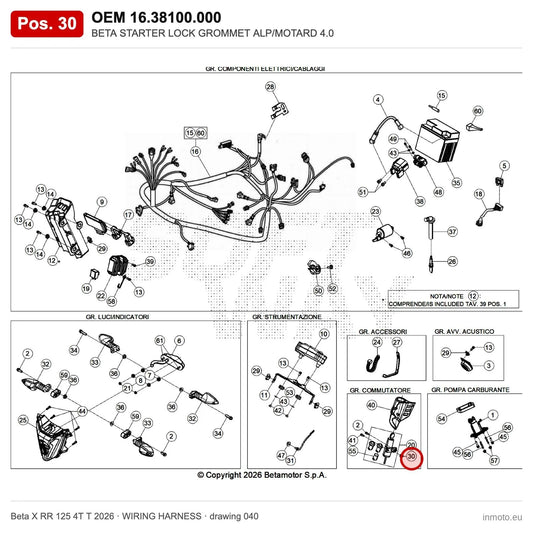 BETA STARTER LOCK GROMMET ALP/MOTARD 4.0 – OEM 16.38100.000, position 30 on the Beta X RR 125 4T T 2026 wiring harness drawing