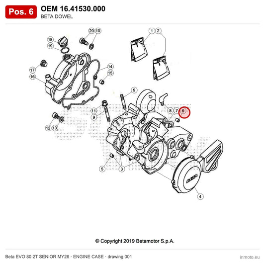 BETA DOWEL – OEM 16.41530.000, position 6 on the Beta EVO 80 2T SENIOR MY26 engine case drawing