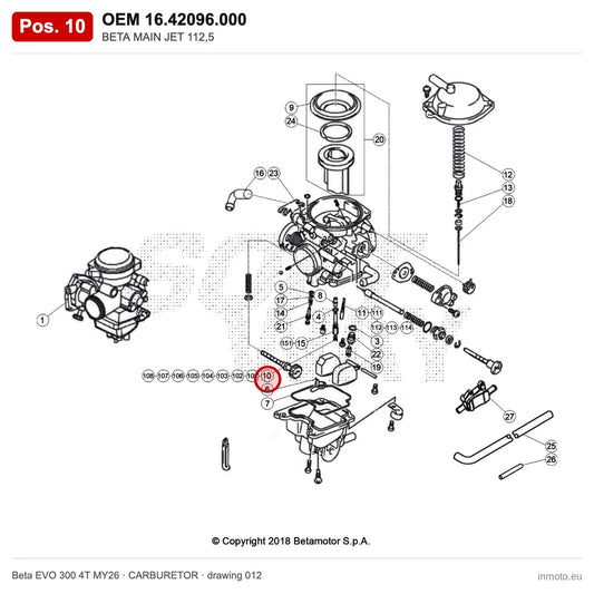 BETA MAIN JET 112,5 – OEM 16.42096.000, position 10 on the Beta EVO 300 4T MY26 carburetor drawing