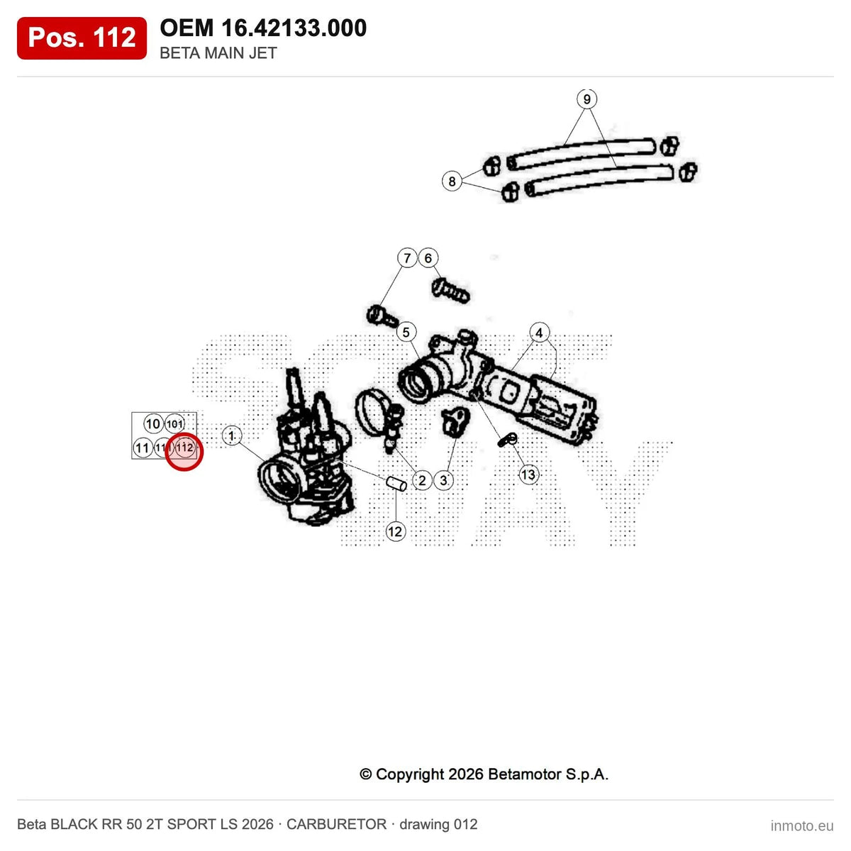 BETA MAIN JET – OEM 16.42133.000, position 112 on the Beta BLACK RR 50 2T SPORT LS 2026 carburetor drawing