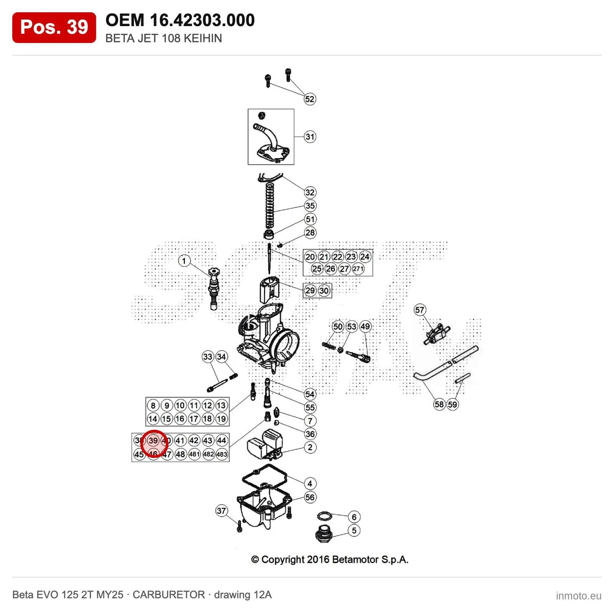 BETA JET 108 KEIHIN – OEM 16.42303.000, position 39 on the Beta EVO 125 2T MY25 carburetor drawing