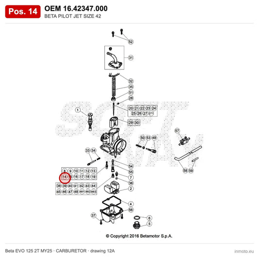 BETA PILOT JET SIZE 42 – OEM 16.42347.000, position 14 on the Beta EVO 125 2T MY25 carburetor drawing