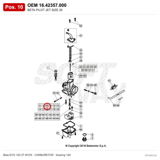 BETA PILOT JET SIZE 35 – OEM 16.42357.000, position 10 on the Beta EVO 125 2T MY25 carburetor drawing