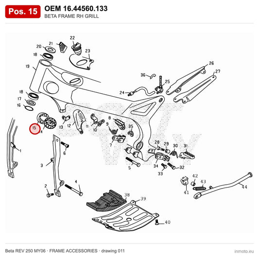 BETA FRAME RH GRILL – OEM 16.44560.133, position 15 on the Beta REV 250 MY06 frame accessories drawing