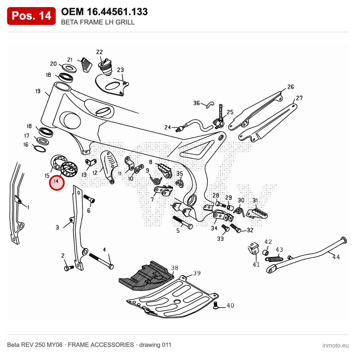 BETA FRAME LH GRILL – OEM 16.44561.133, position 14 on the Beta REV 250 MY06 frame accessories drawing