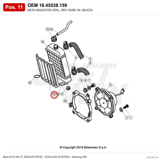 BETA RADIATOR GRIL, REV 50/80 '04 -BLACK- – OEM 16.45538.159, position 11 on the Beta EVO 80 2T SENIOR MY26 cooling system drawing