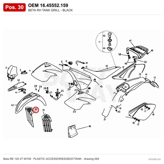 BETA RH TANK GRILL - BLACK – OEM 16.45552.159, position 30 on the Beta RE 125 4T MY09 plastic accessories/seat/tank drawing