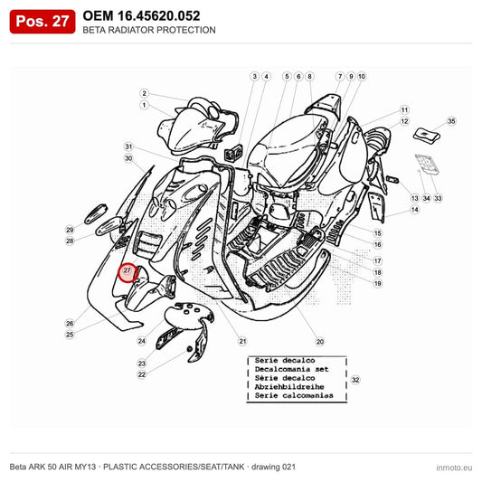 BETA RADIATOR PROTECTION – OEM 16.45620.052, position 27 on the Beta ARK 50 AIR MY13 plastic accessories/seat/tank drawing