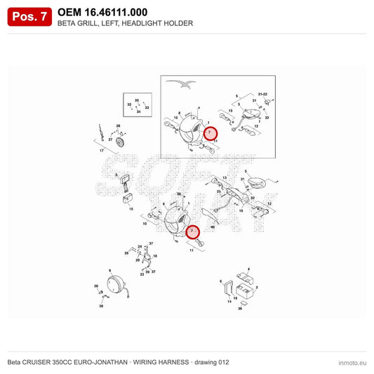 BETA GRILL, LEFT, HEADLIGHT HOLDER – OEM 16.46111.000, position 7 on the Beta CRUISER 350CC EURO-JONATHAN wiring harness drawing