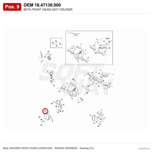 BETA FRONT HEADLIGHT CRUISER – OEM 16.47130.000, position 9 on the Beta CRUISER 350CC EURO-JONATHAN wiring harness drawing