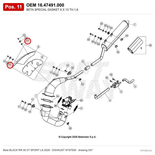 BETA SPECIAL GASKET 6 X 13 TH.1,8 – OEM 16.47491.000, position 11 on the Beta BLACK RR 50 2T SPORT LS 2026 exhaust system drawing