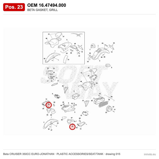 BETA GASKET, GRILL – OEM 16.47494.000, position 23 on the Beta CRUISER 350CC EURO-JONATHAN plastic accessories/seat/tank drawing