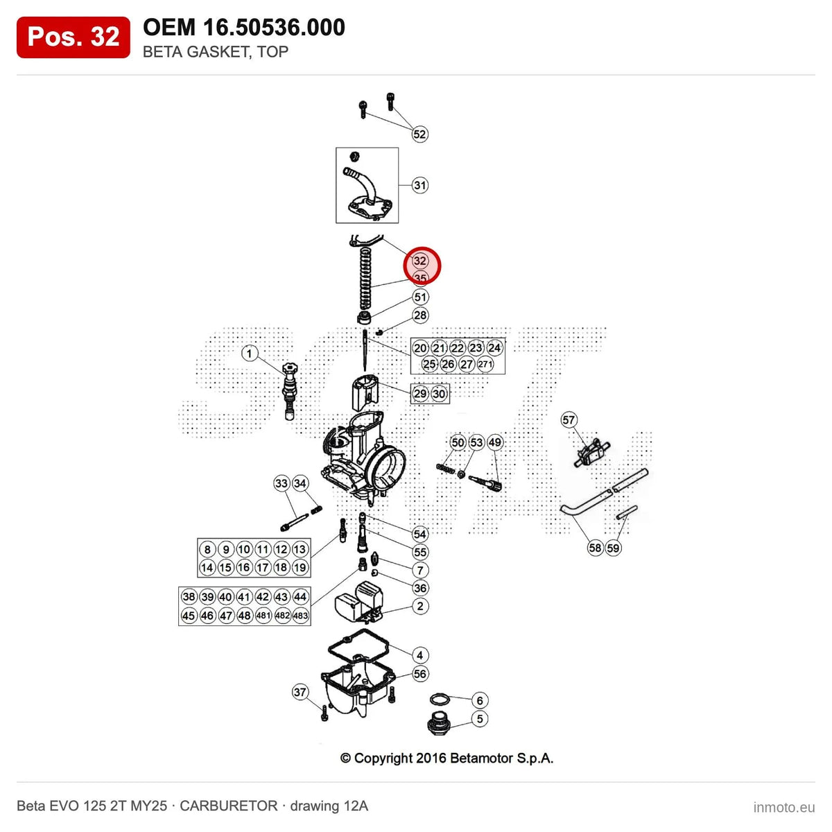 BETA GASKET, TOP – OEM 16.50536.000, position 32 on the Beta EVO 125 2T MY25 carburetor drawing