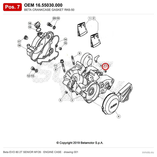BETA CRANKCASE GASKET RK6-50 – OEM 16.55030.000, position 7 on the Beta EVO 80 2T SENIOR MY26 engine case drawing