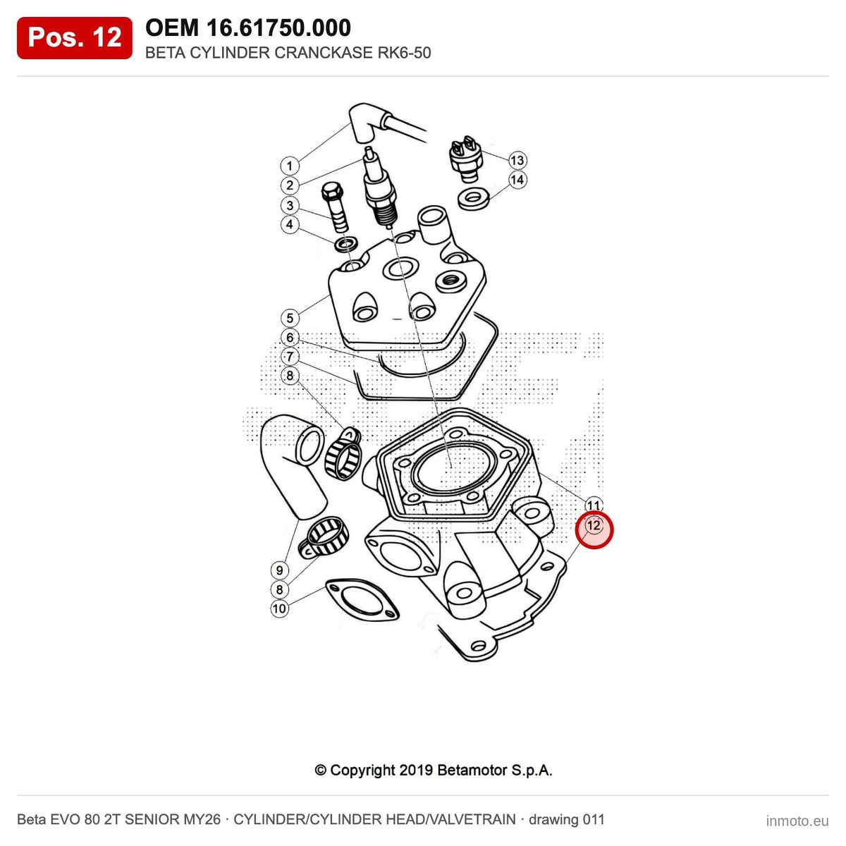 BETA CYLINDER CRANCKASE RK6-50 – OEM 16.61750.000, position 12 on the Beta EVO 80 2T SENIOR MY26 cylinder/cylinder head/valvetrain drawing