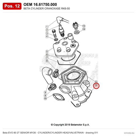 BETA CYLINDER CRANCKASE RK6-50 – OEM 16.61750.000, position 12 on the Beta EVO 80 2T SENIOR MY26 cylinder/cylinder head/valvetrain drawing