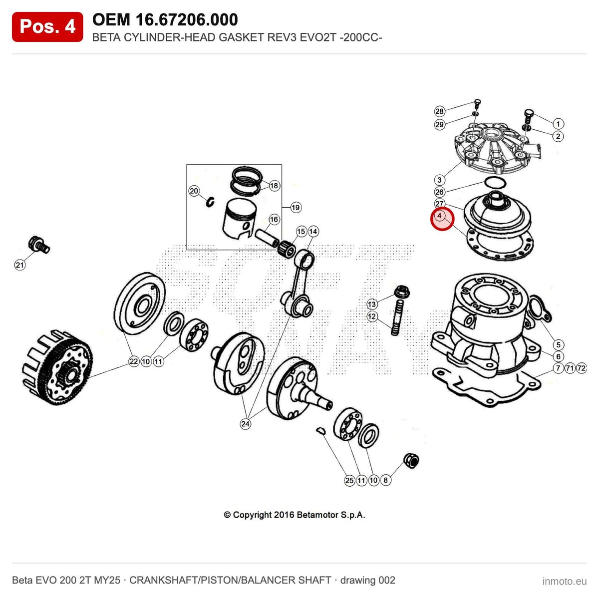 BETA CYLINDER-HEAD GASKET REV3 EVO2T -200CC- – OEM 16.67206.000, position 4 on the Beta EVO 200 2T MY25 crankshaft/piston/balancer shaft drawing