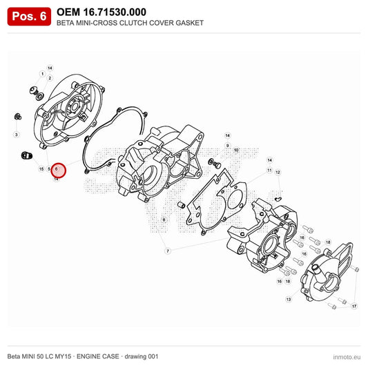 BETA MINI-CROSS CLUTCH COVER GASKET – OEM 16.71530.000, position 6 on the Beta MINI 50 LC MY15 engine case drawing