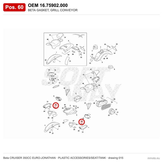 BETA GASKET, GRILL CONVEYOR – OEM 16.75902.000, position 60 on the Beta CRUISER 350CC EURO-JONATHAN plastic accessories/seat/tank drawing