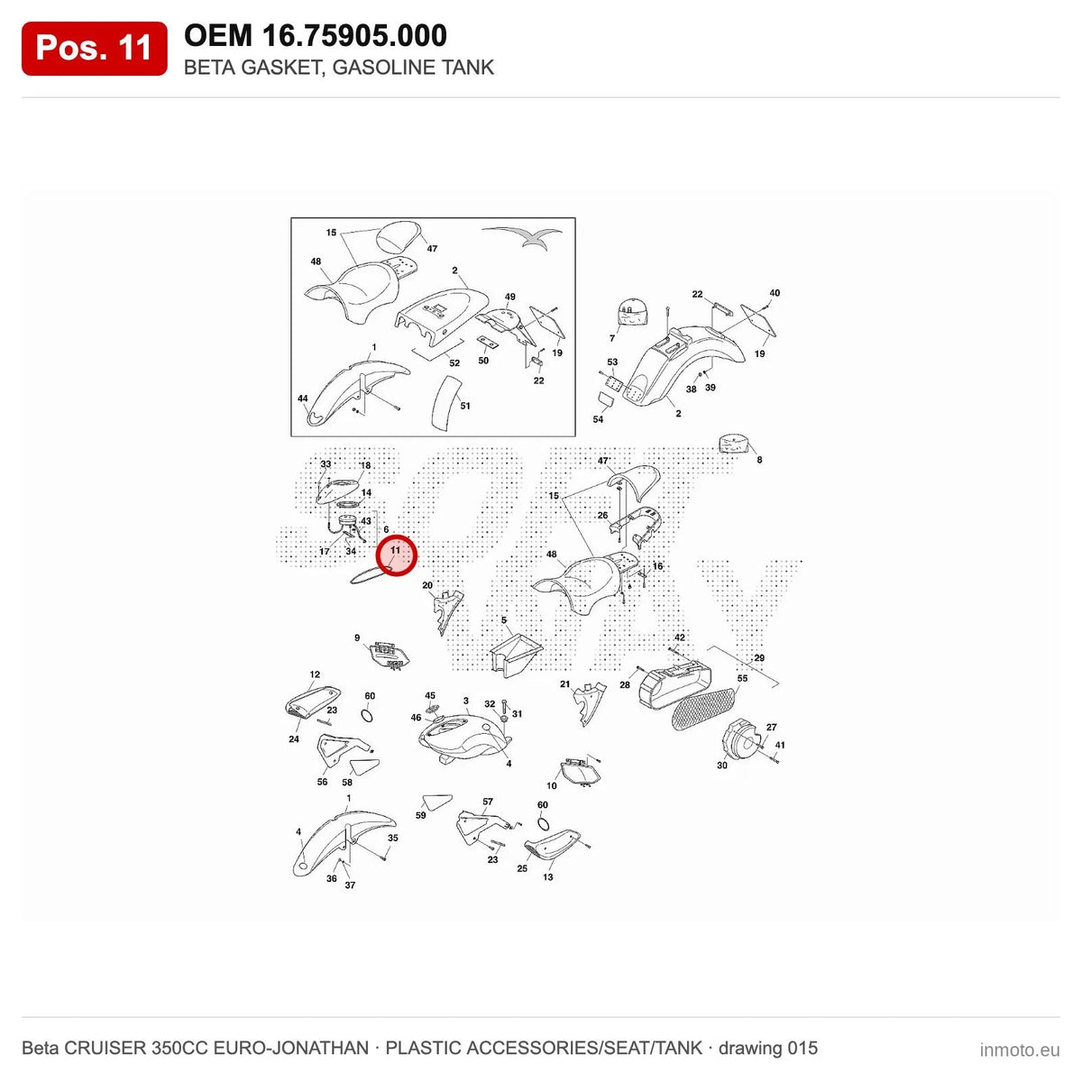 BETA GASKET, GASOLINE TANK – OEM 16.75905.000, position 11 on the Beta CRUISER 350CC EURO-JONATHAN plastic accessories/seat/tank drawing