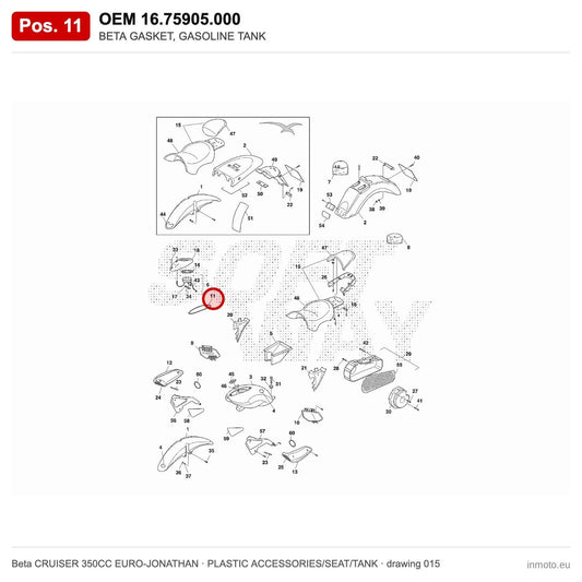 BETA GASKET, GASOLINE TANK – OEM 16.75905.000, position 11 on the Beta CRUISER 350CC EURO-JONATHAN plastic accessories/seat/tank drawing
