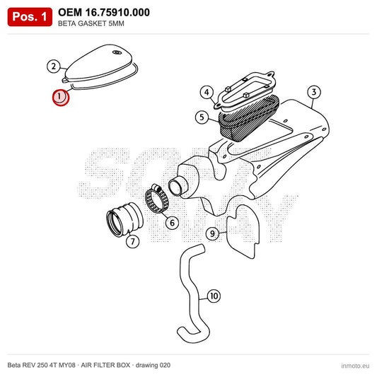 BETA GASKET 5MM – OEM 16.75910.000, position 1 on the Beta REV 250 4T MY08 air filter box drawing