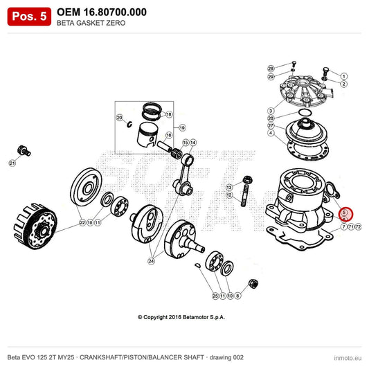 BETA GASKET ZERO – OEM 16.80700.000, position 5 on the Beta EVO 125 2T MY25 crankshaft/piston/balancer shaft drawing