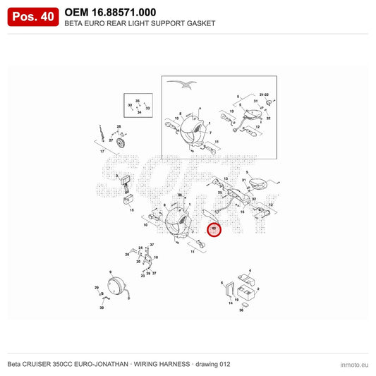 BETA EURO REAR LIGHT SUPPORT GASKET – OEM 16.88571.000, position 40 on the Beta CRUISER 350CC EURO-JONATHAN wiring harness drawing