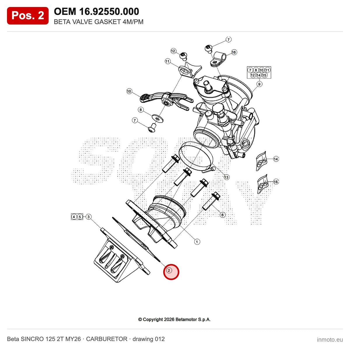 BETA VALVE GASKET 4M/PM – OEM 16.92550.000, position 2 on the Beta SINCRO 125 2T MY26 carburetor drawing