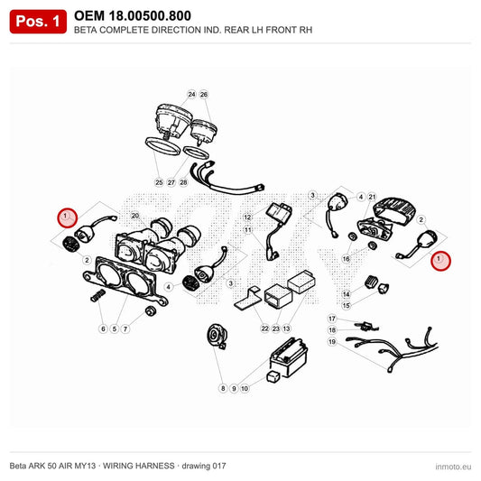 BETA COMPLETE DIRECTION IND. REAR LH FRONT RH – OEM 18.00500.800, position 1 on the Beta ARK 50 AIR MY13 wiring harness drawing