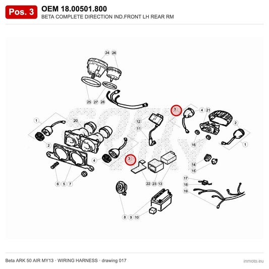 BETA COMPLETE DIRECTION IND.FRONT LH REAR RM – OEM 18.00501.800, position 3 on the Beta ARK 50 AIR MY13 wiring harness drawing