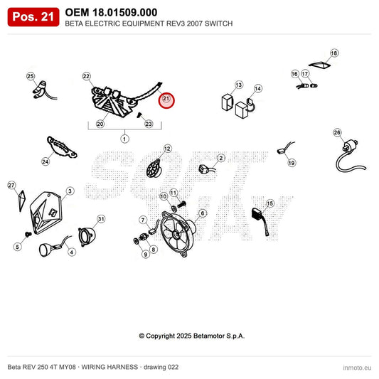 BETA ELECTRIC EQUIPMENT REV3 2007 SWITCH – OEM 18.01509.000, position 21 on the Beta REV 250 4T MY08 wiring harness drawing
