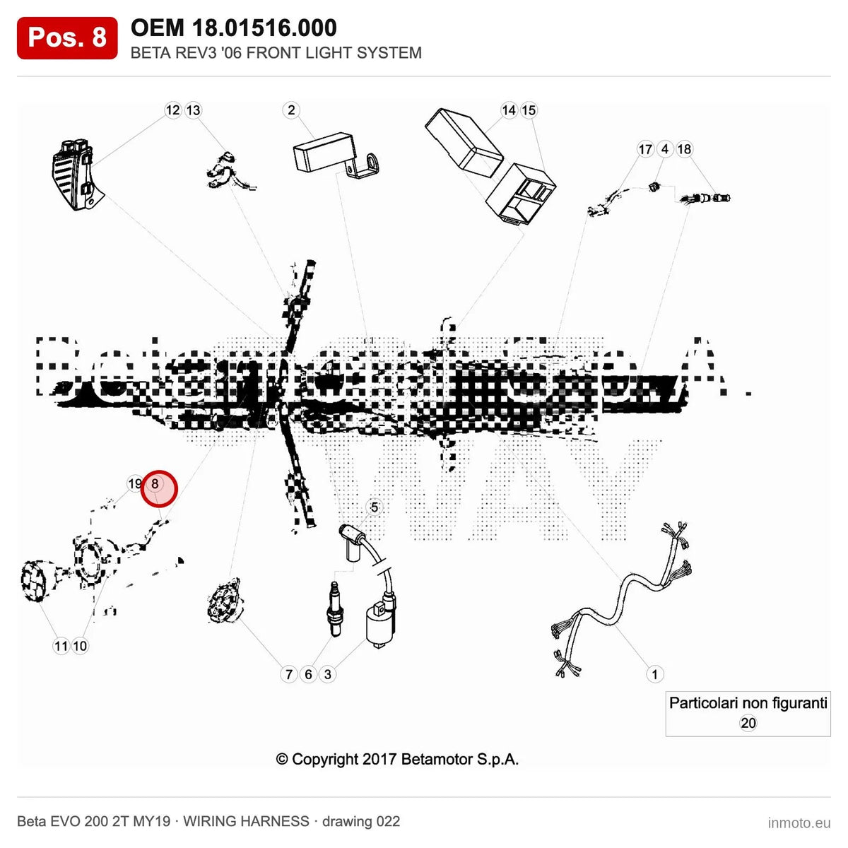 BETA REV3 '06 FRONT LIGHT SYSTEM – OEM 18.01516.000, position 8 on the Beta EVO 200 2T MY19 wiring harness drawing