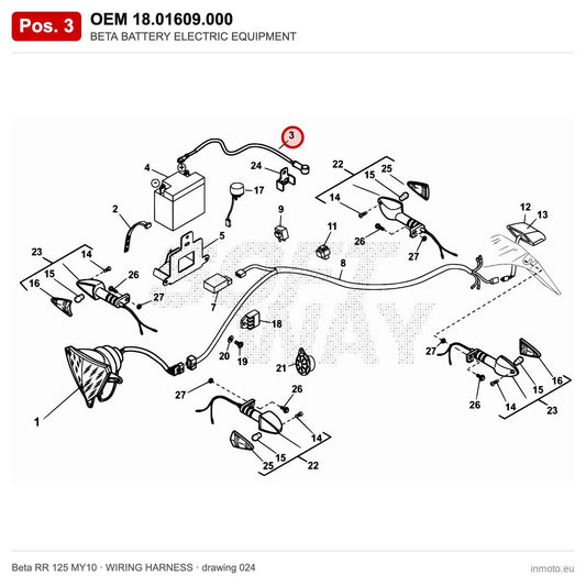 BETA BATTERY ELECTRIC EQUIPMENT – OEM 18.01609.000, position 3 on the Beta RR 125 MY10 wiring harness drawing