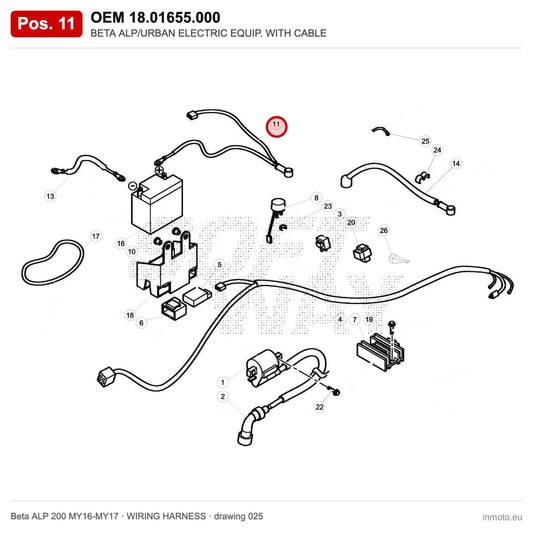 BETA ALP/URBAN ELECTRIC EQUIP. WITH CABLE – OEM 18.01655.000, position 11 on the Beta ALP 200 MY16-MY17 wiring harness drawing