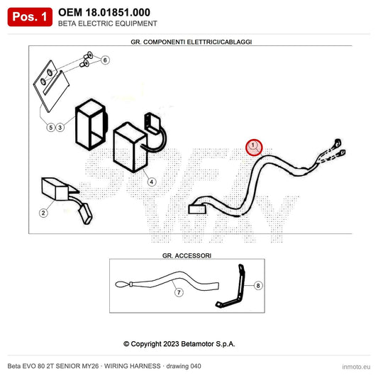BETA ELECTRIC EQUIPMENT – OEM 18.01851.000, position 1 on the Beta EVO 80 2T SENIOR MY26 wiring harness drawing