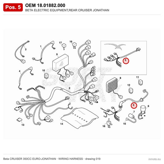 BETA ELECTRIC EQUIPMENT,REAR CRUISER JONATHAN – OEM 18.01882.000, position 5 on the Beta CRUISER 350CC EURO-JONATHAN wiring harness drawing